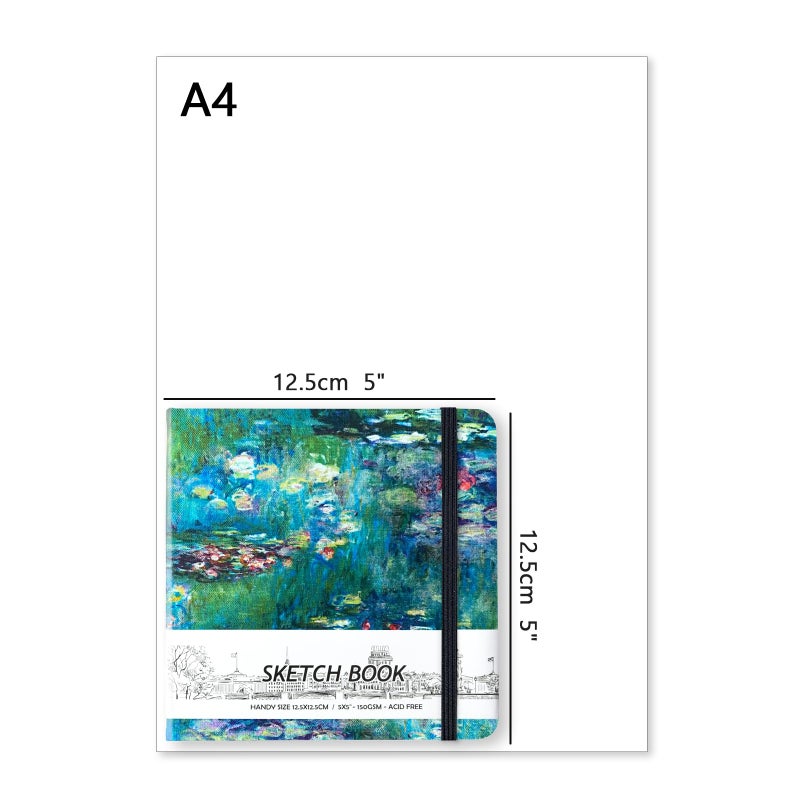 Qianshan 5"" x 5"" Square Handy Pocket Hardcover Cloth Cover Sketchbook,58 Sheets 150 GSM Beige Dowling Paper, Acid Free Art Sketch Book Artistic Drawing Painting Writing Paper for Artists.Oil Painting Pond - Image 2